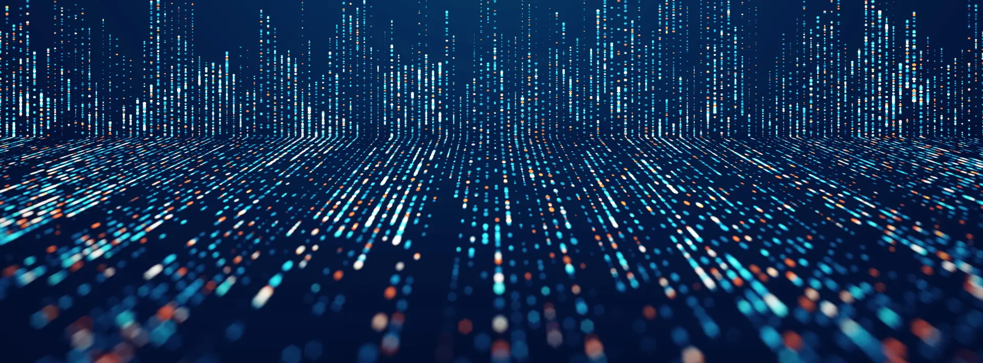 Abstract digital data streams with glowing blue and red dots on a dark background.