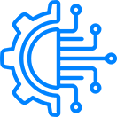 A blue icon combining a gear and circuit lines.