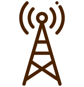 Silhouette of a radio tower with signal waves on a brown background.