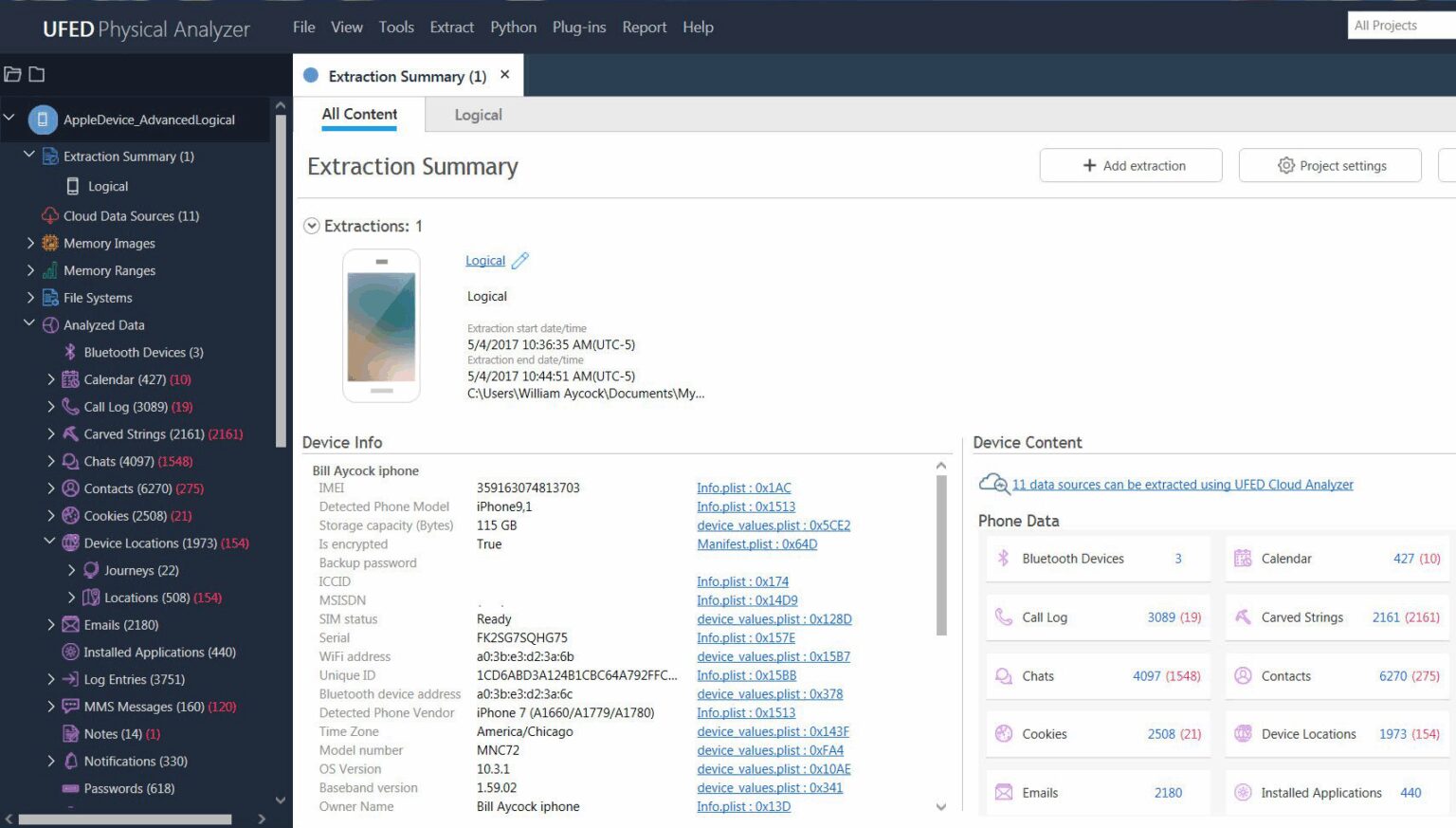 UFED Physical Analyzer extraction summary screenshot.